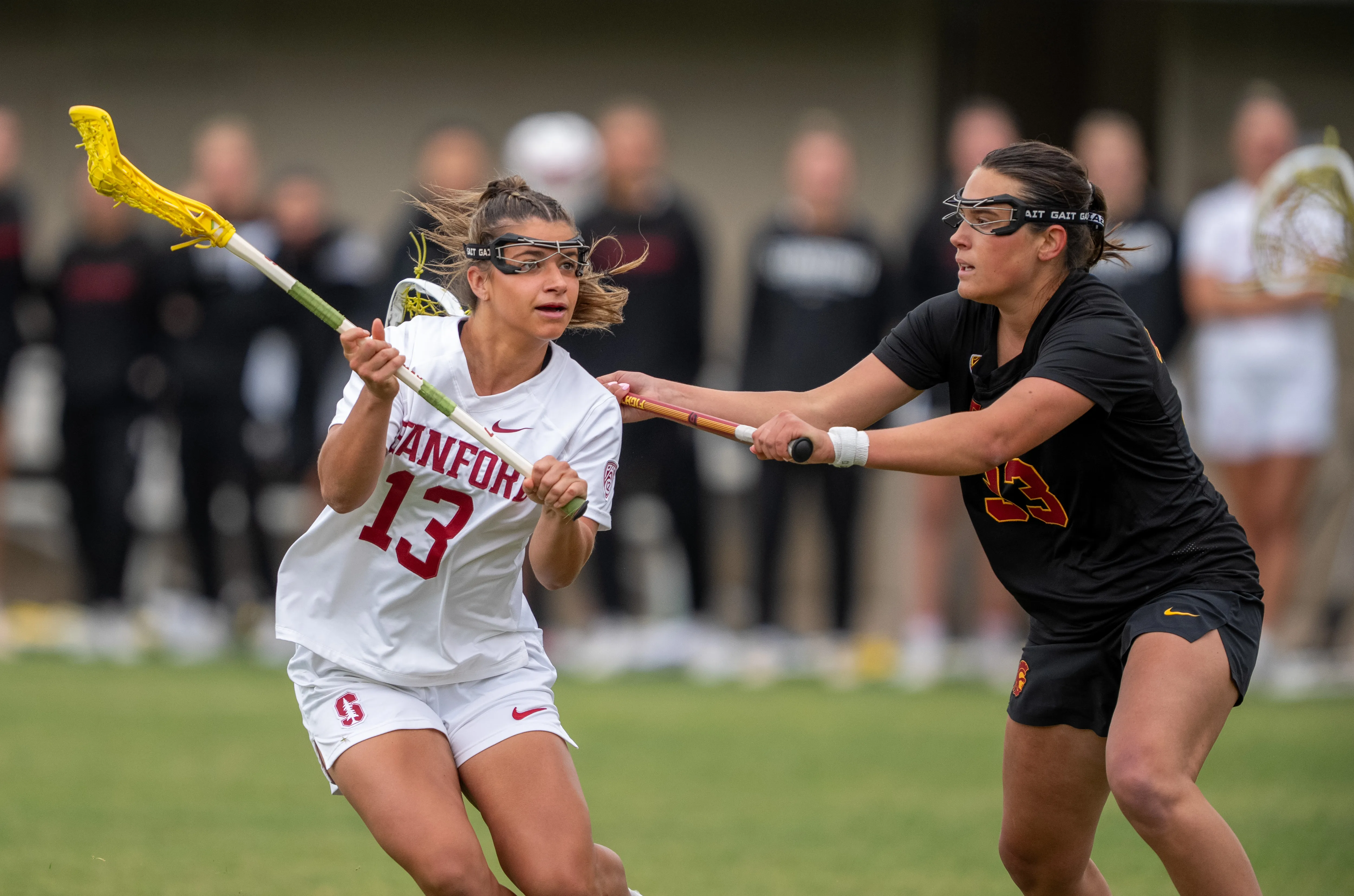 Stanford's Jordyn Case dodges a USC defender in a 2024 Pac-12 contest