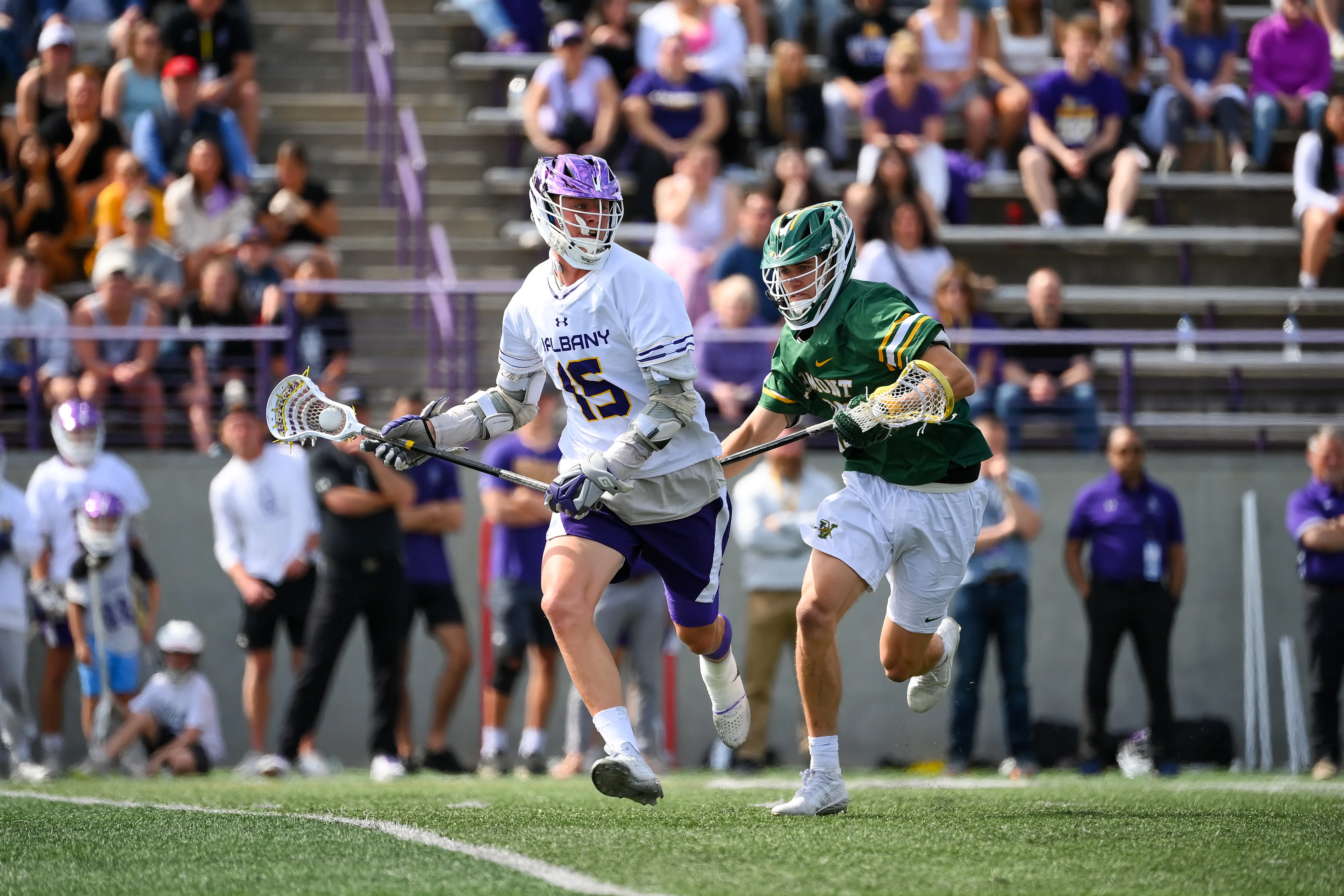 Albany sniper Silas Richmond on the hunt against Vermont in a 2024 America East contest