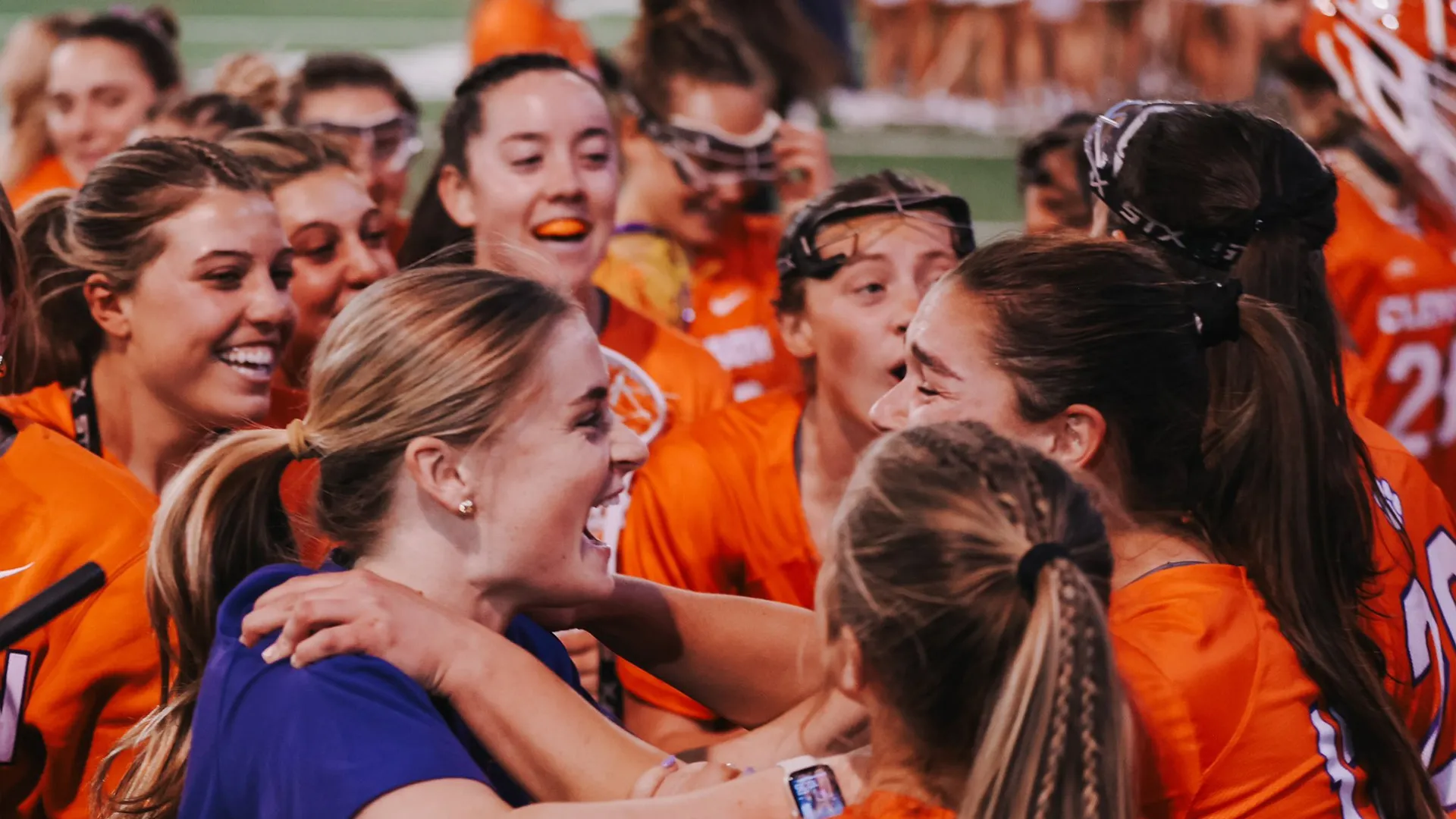 Clemson players celebrate a win over Notre Dame