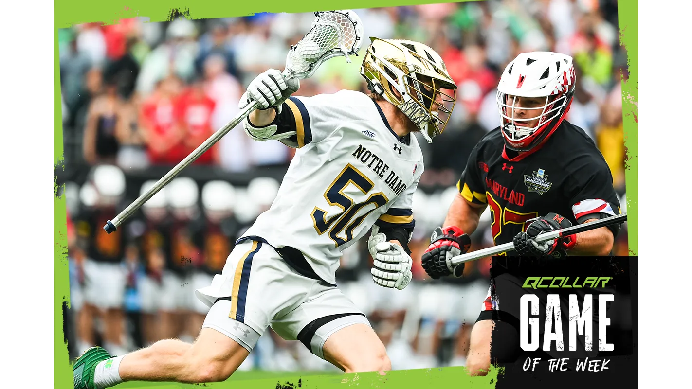 Notre Dame's Chris Kavanagh dodges against Maryland's Will Schaller in the 2024 NCAA championship game in Philadelphia.