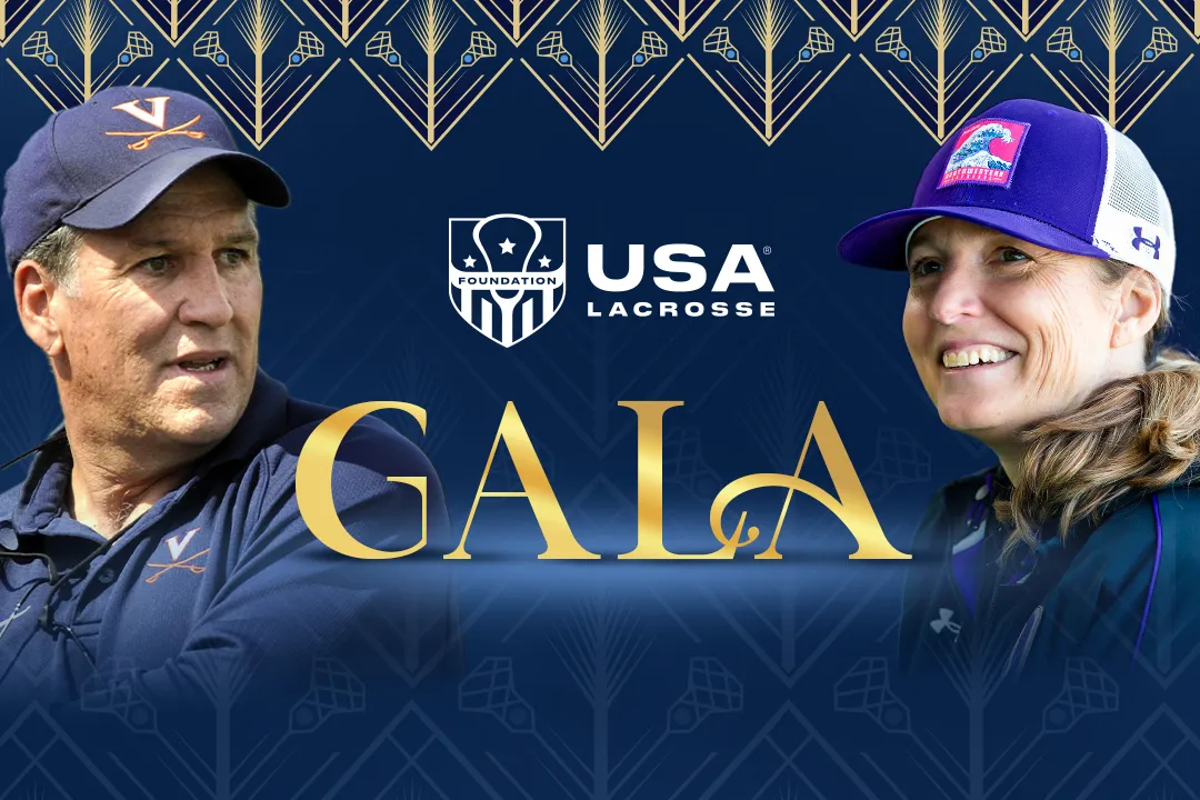 usa lacrosse foundation gala graphic with headshots of Dom Starsia and Kelly Amonte Hiller