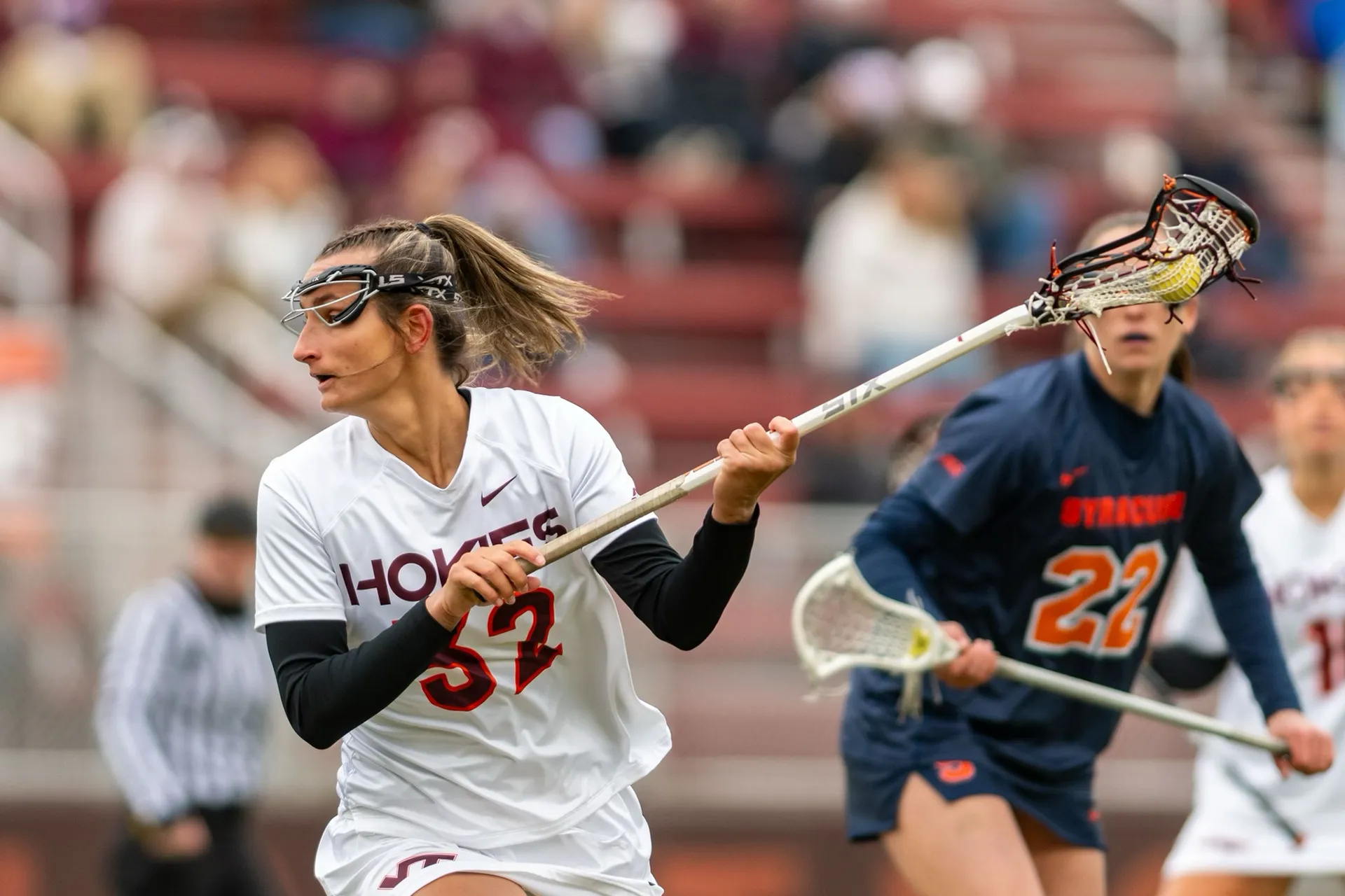 Virginia Tech's Mia Pozzi looks to shoot during the Hokies women's lacrosse game against Syracuse.