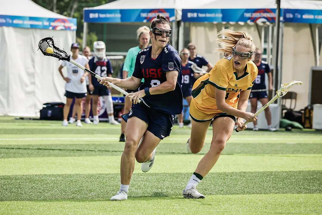 Charlotte North drives to goal against Australia during The World Games 2025 in China.