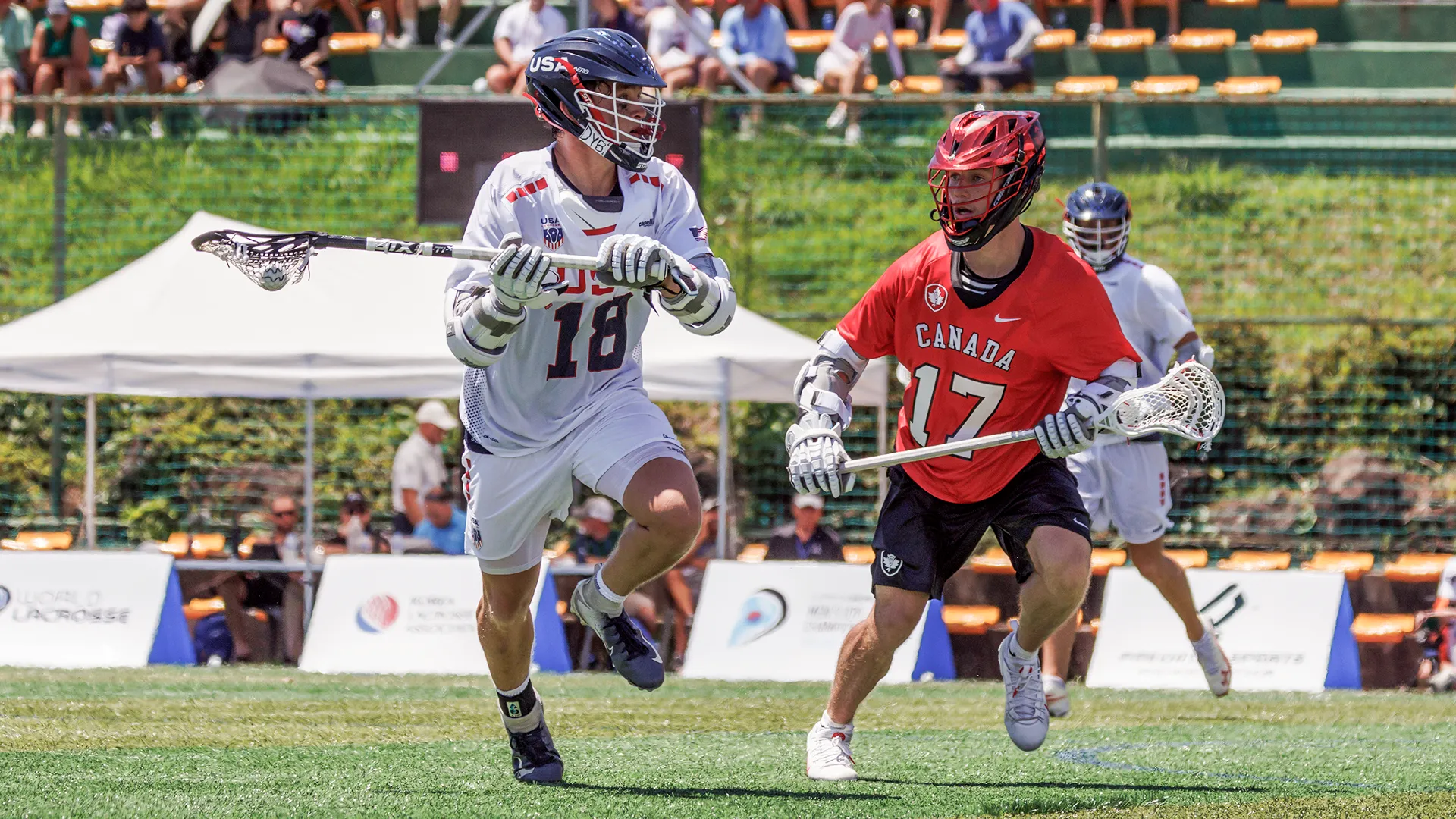 USA's Rowyn Nurry in action against Canada at the World Lacrosse Men's U20 Championship