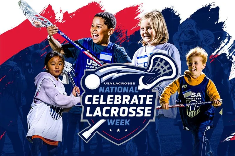national celebrate lacrosse week logo with pictures of kids playing lacrosse at clinics