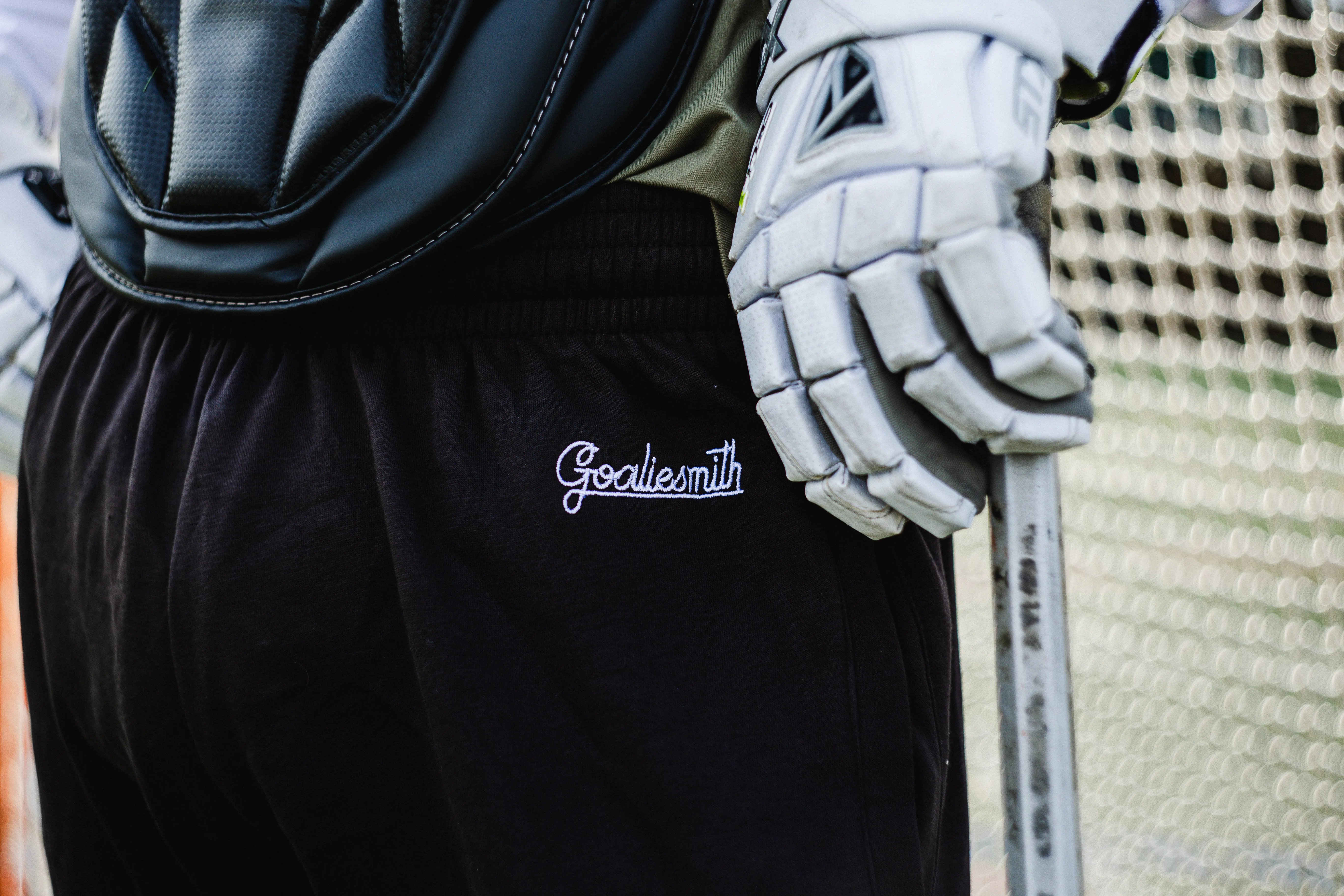 Close-up of lacrosse goalie in Goaliesmith sweatpants
