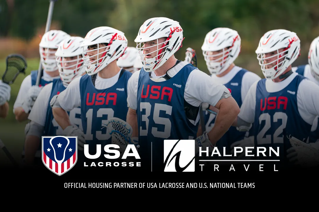 Picture of USA Lacrosse men's players with USA Lacrosse and Halpern Travel logos