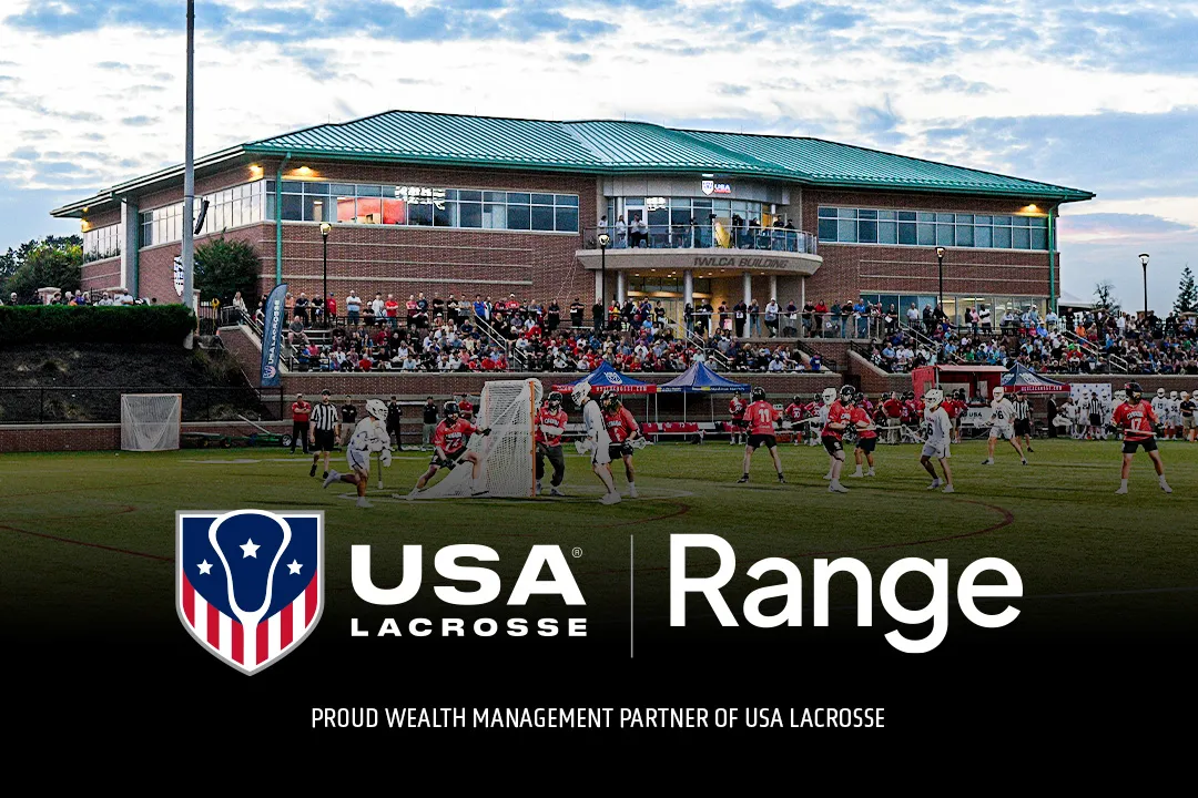 Graphic with USA Lacrosse and Range logos with a lacrosse game being played on Tierney Field in the background