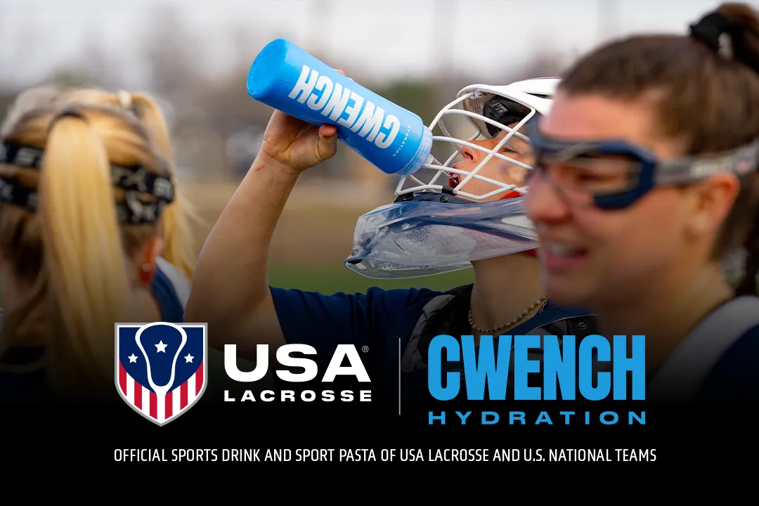 women's lacrosse player drinking from CWENCH bottle with USA Lacrosse and CWENCH logos