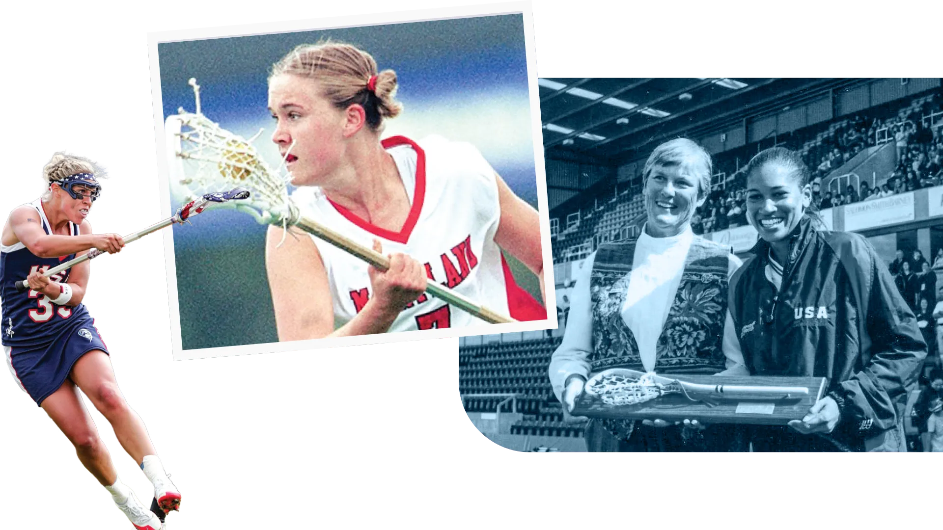 Kristen Kjellman Marshall, Jen Adams and Cherie Greer Brown in collage of images representing the era of 1991-2009 in wmoen's lacrosse