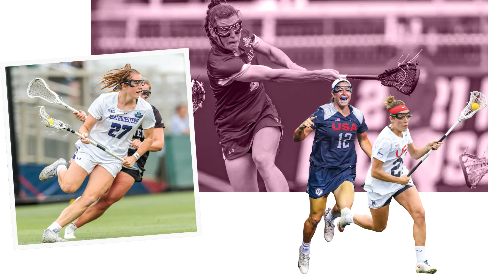 Izzy Scane, Charlotte North, Kayla Treanor and Taylor Cummings in a collage of women's lacrosse action images from the modern era