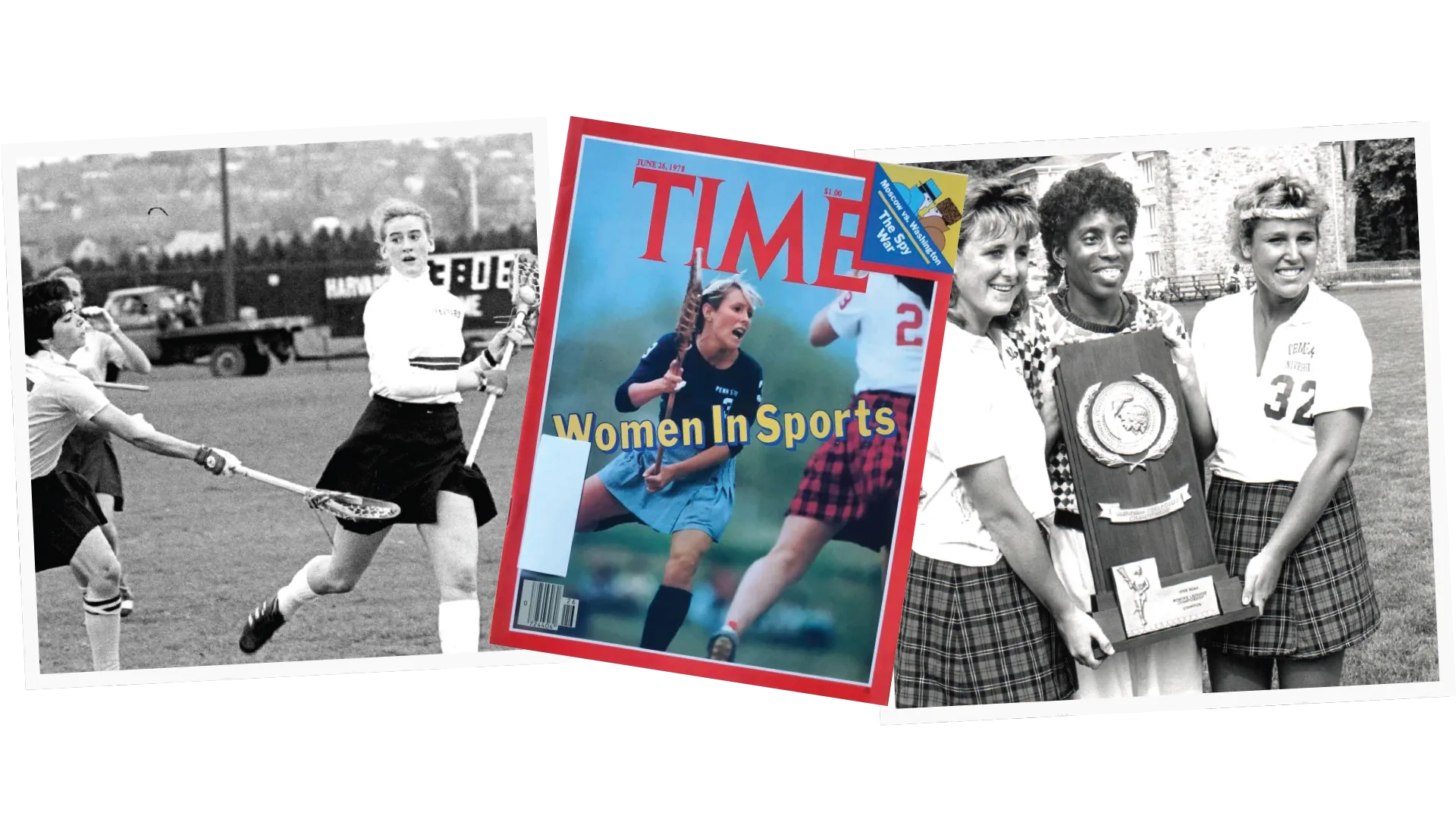 Collage of photos from the Title IX era of women's lacrosse