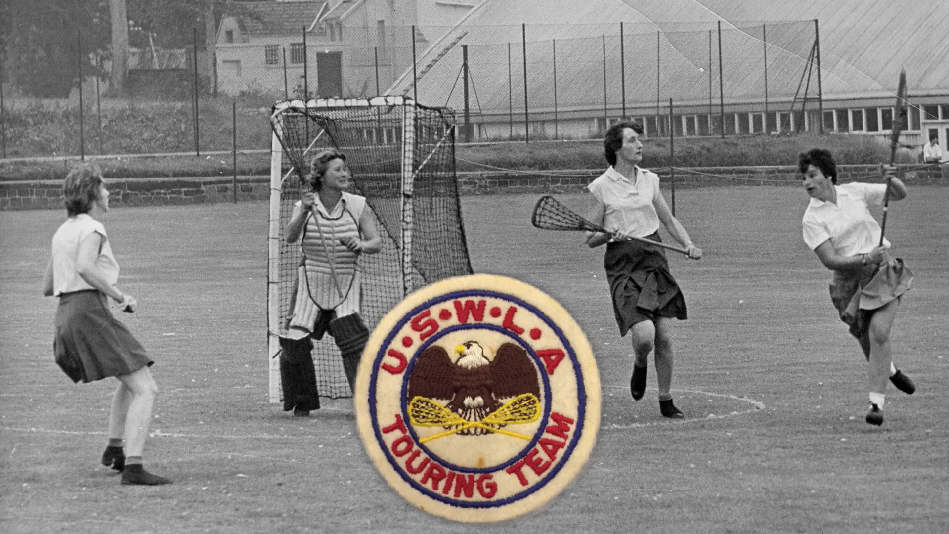 Image of 1964 U.S. Women's Touring Team in action and USWLA Touring Team patch