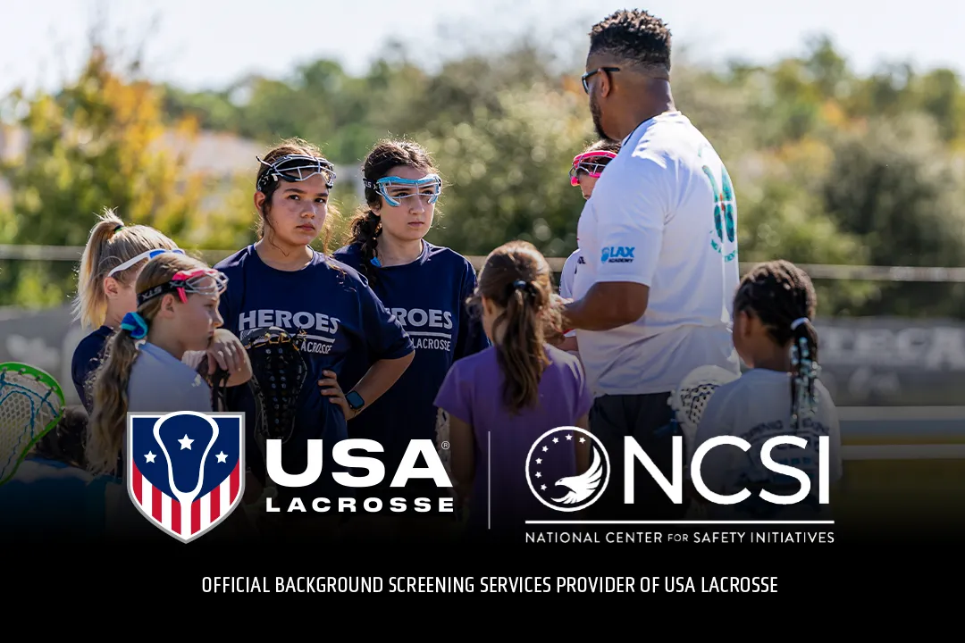 graphic with usa lacrosse and ncsi logos with image of young lacrosse players and coach