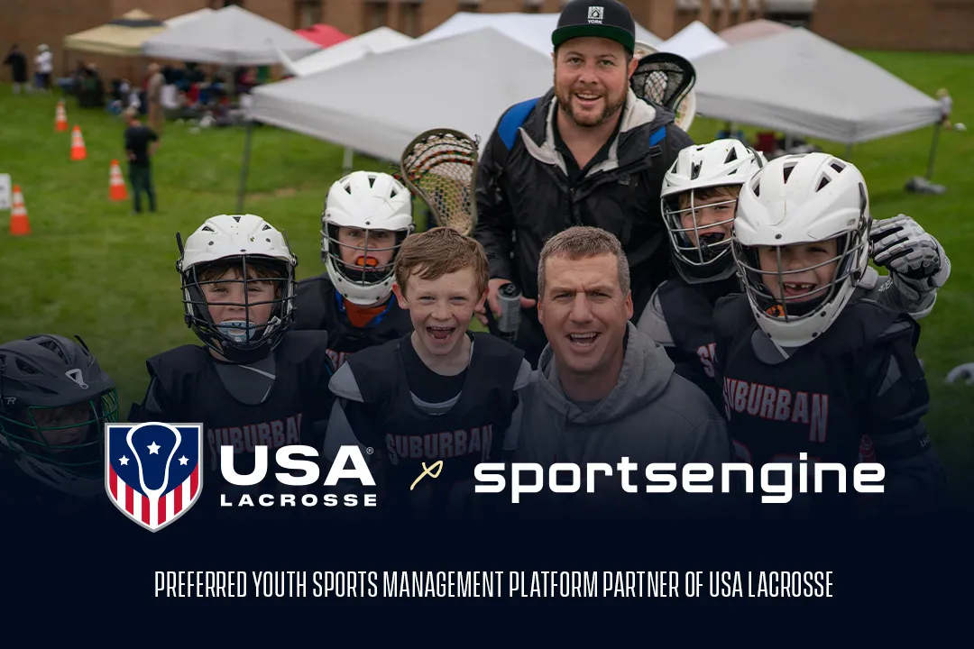 USA Lacrosse and SportsEngine logos on top of photo of young lacrosse players and coaches