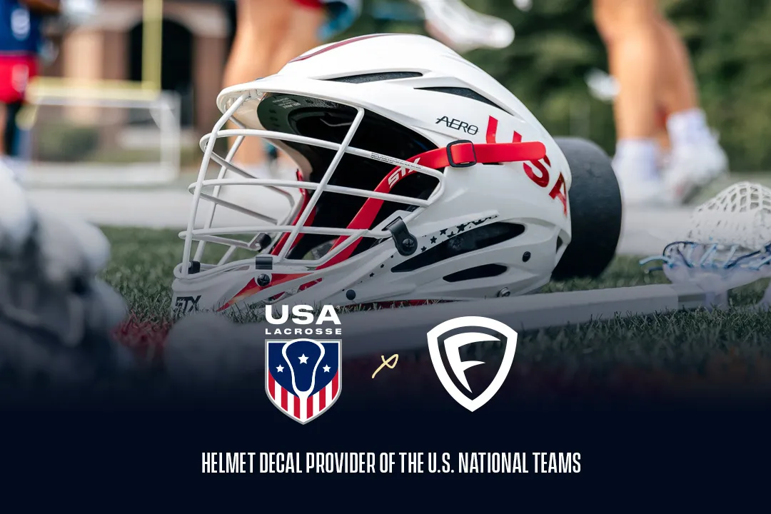 USA Lacrosse and Fourg Athletics logos on top of photo showing lacrosse helmet on the ground