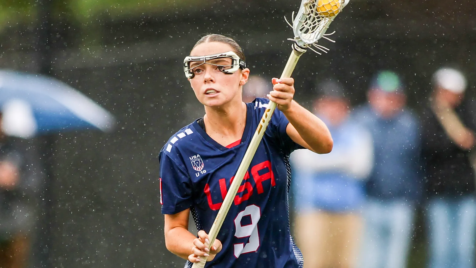 U.S. Girls' U19 Youth National Team athlete Savannagh Higgins cradles the ball during a 2026 Brogden Cup game at St. Paul's (Md.).