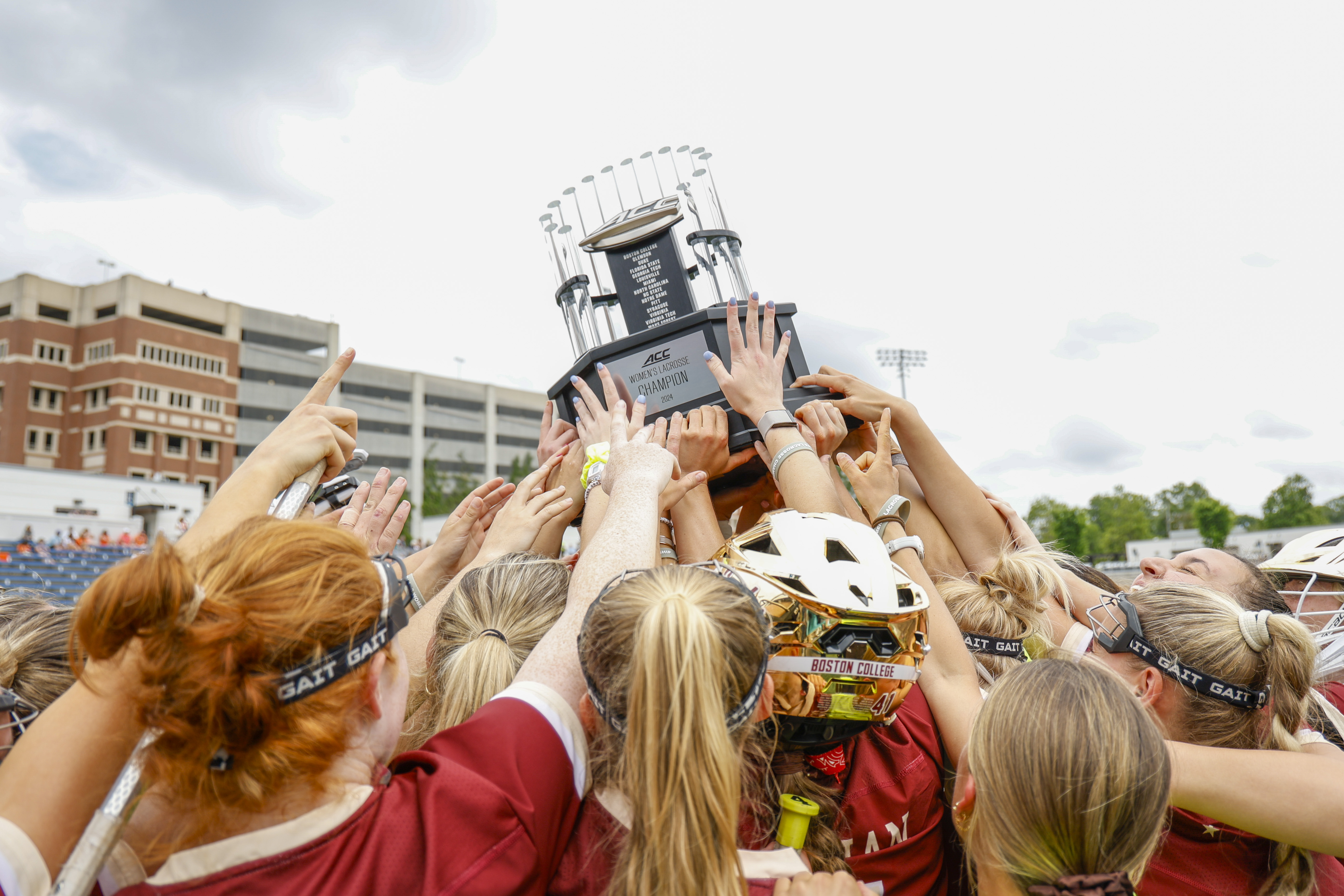 Boston College hoists the ACC women's lacrosse championship trophy for the second straight year.