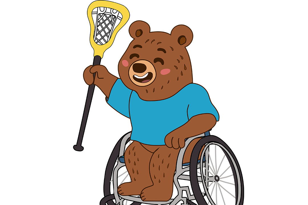 Illustration of a bear in a wheelchair holding up a lacrosse stick