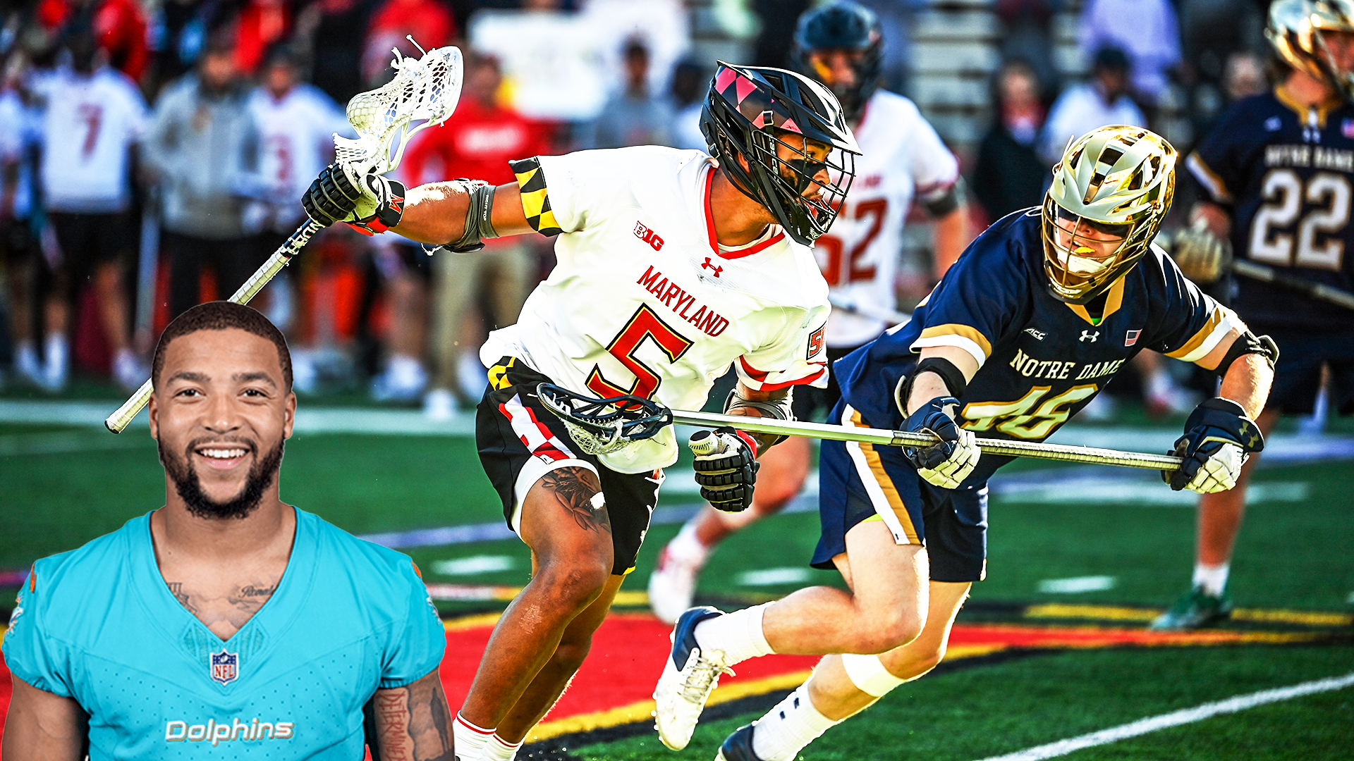 Background: Dante Trader Jr. playing lacrosse at Maryland. Foreground: Miami Dolphins headshot