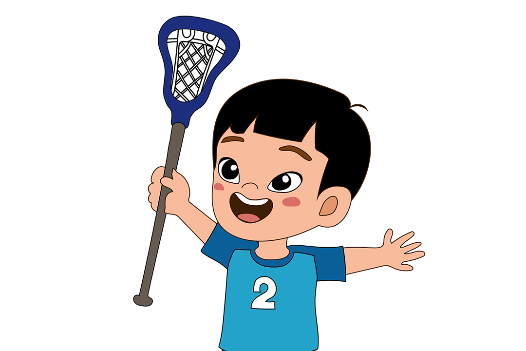 illustration of a young boy holding a lacrosse stick and smiling