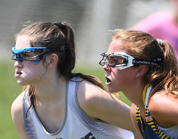 Close-up profile of two girls wearing approved women's lacrosse eye protection