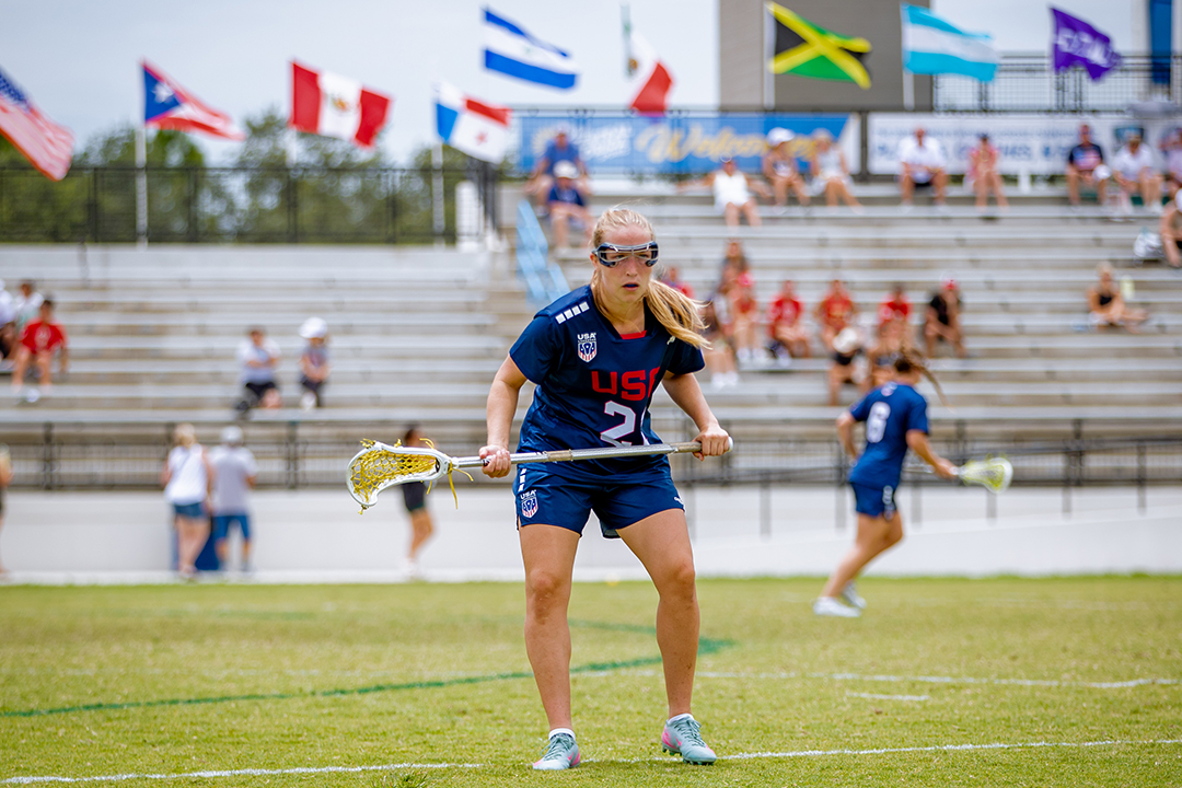 Katie Goodale locks in on defense during the 2025 Pan American Lacrosse Championship