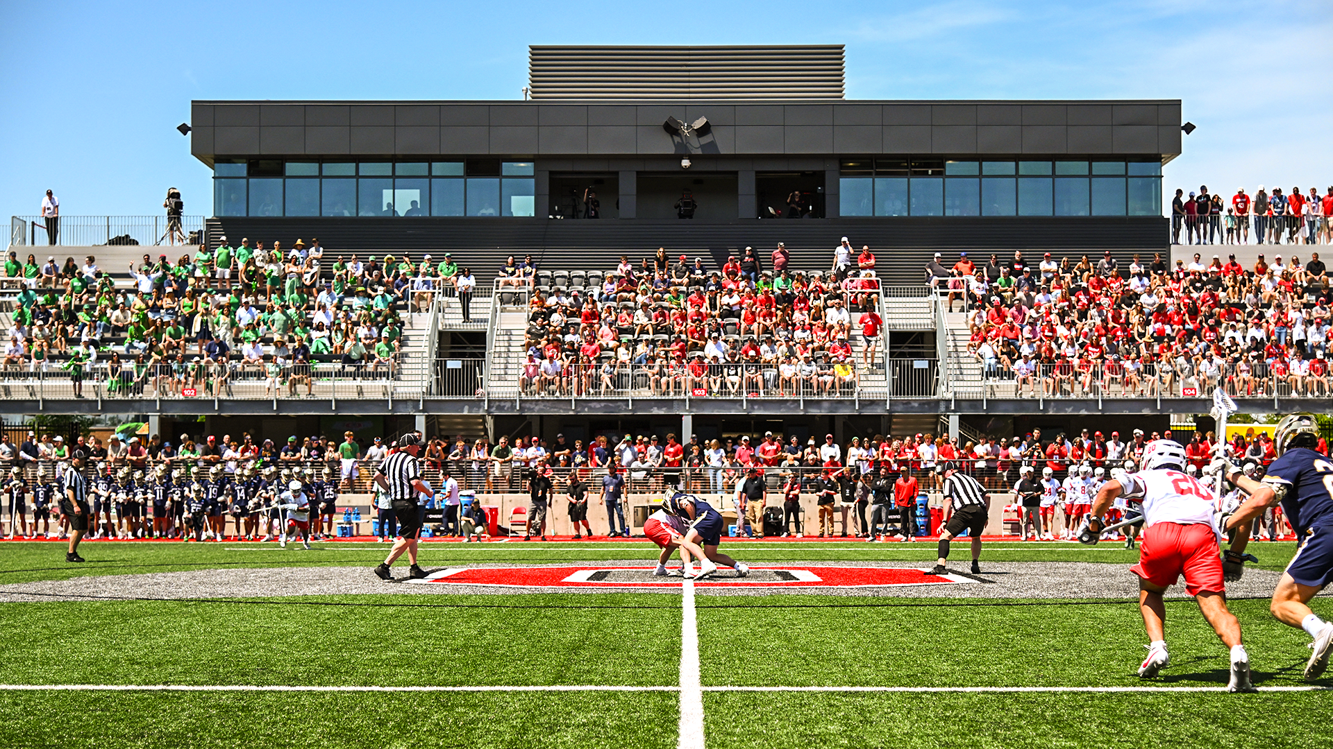 Opening faceoff of a 2025 NCAA men's lacrosse tournament first-round game between Notre Dame and Ohio State in Columbus, Ohio
