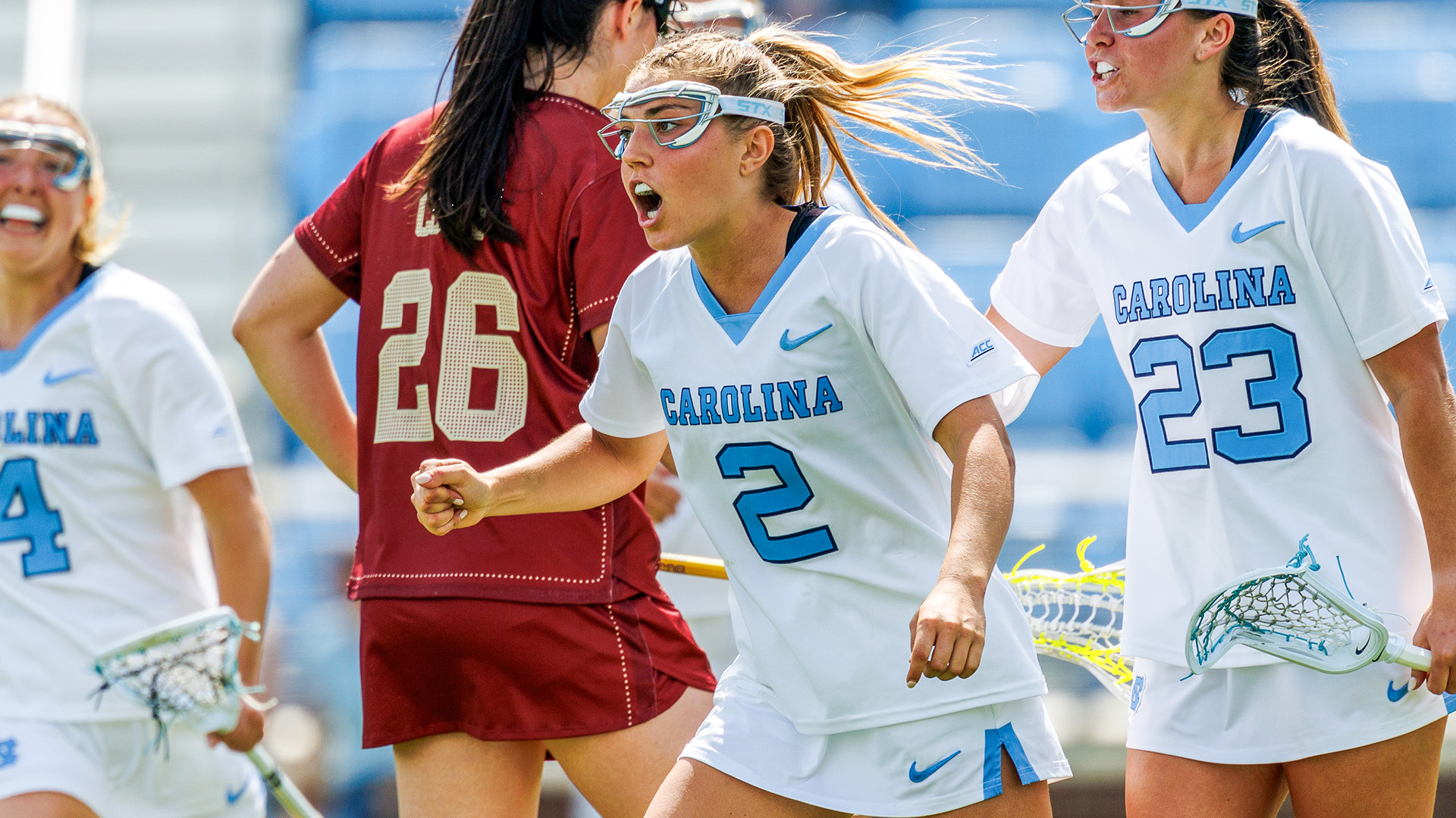 North Carolina's Chloe Humphrey celebrates after scoring a goal in a game against Boston College in Chapel Hill, N.C.