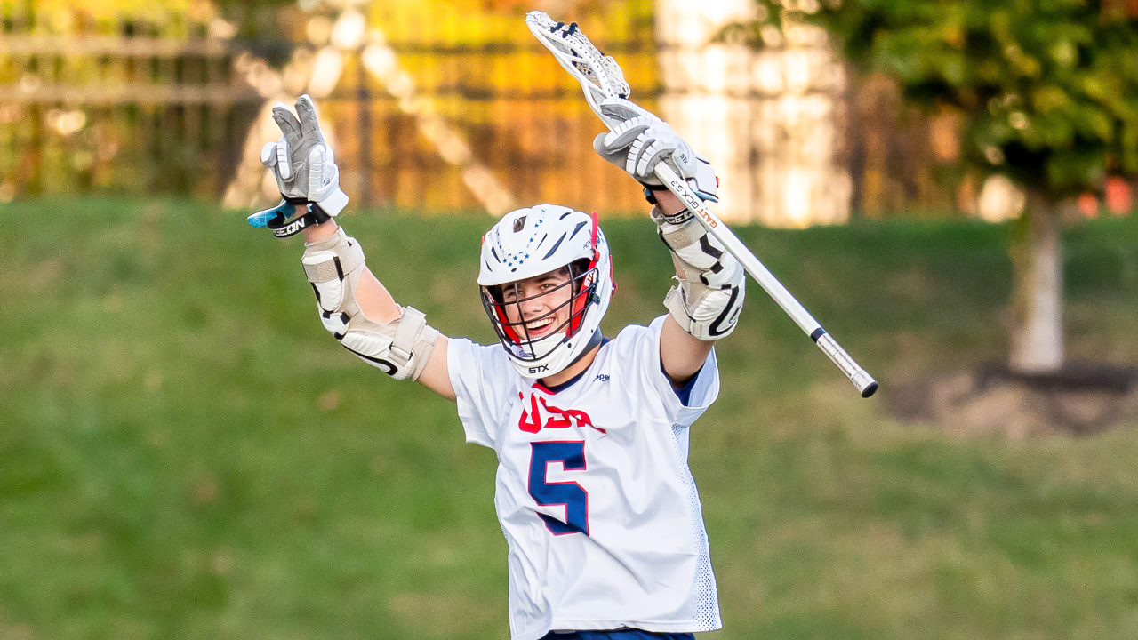 U.S. Boys' U17 Youth National Team attackman Parker Old celebrates after scoring a goal during the 2025 Brogden Cup.