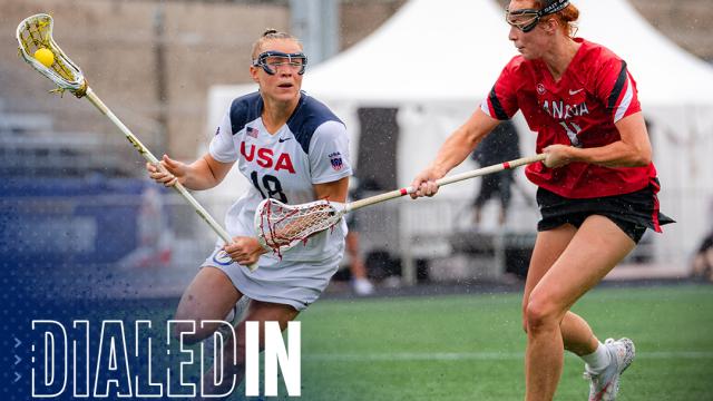 U.S. midfielder Dempsey Arsenault dodges past a Team Canada defender.