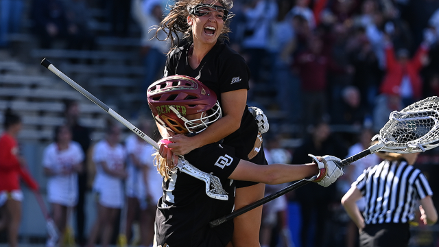 Denver celebrates its March 5 win over Maryland.