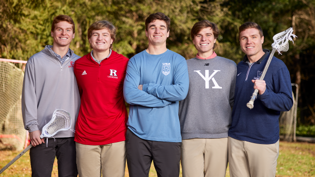 From left, CJ,  Caden, Cole, Colin and Connor Kirst in the family's backyard in Bernardsville, New Jersey.