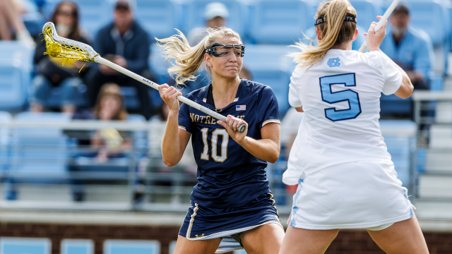 Notre Dame's Madison Ahern surveys the field during the game Saturday at North Carolina
