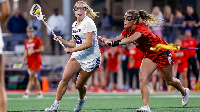 Northwestern's Samantha Smith and Maryland's Kori Edmonson in action during the 2023 Big Ten title game