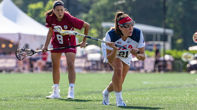 Taylor Cummings attempting a free position against England in the 2023 World Lacrosse Women's Championship at Towson