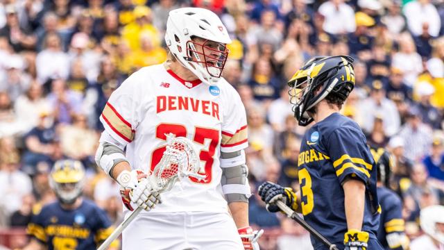 Denver men's lacrosse player Richie Connell celebrates after scoring a goal against Michigan in an NCAA tournament first-round game at Peter Barton Lacrosse Stadium.