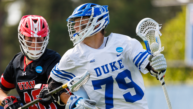 Duke lacrosse player Josh Zawada carries the ball in an NCAA tournament first-round game against Utah at Koskinen Stadium in Durham, N.C.