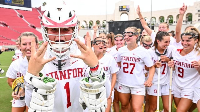 Stanford women's lacrosse goalie Lucy Pearson flashes a West Coast sign as the Cardinal celebrate their fourth Pac-12 title
