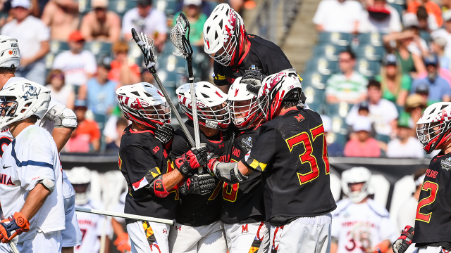 Maryland men's lacrosse players celebrate after a goal against Virginia in the NCAA semifinals at Lincoln Financial Field in Philadelphia.