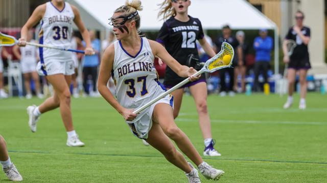 Rollins attacker Caroline Gastonguay dodges against the Young Harris defense.