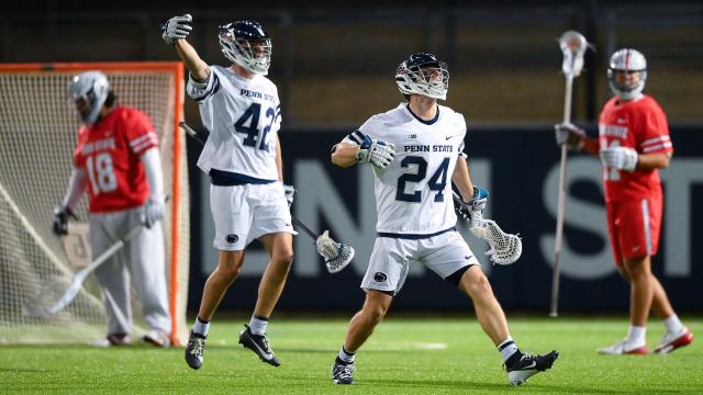 Penn State's Kyle Aldridge celebrates a goal earlier this year against Ohio State.