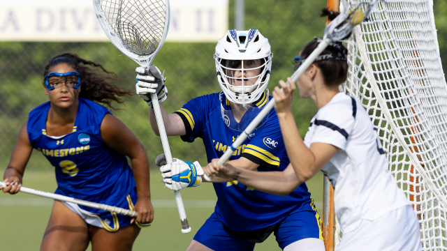 Limestone goalie Emma McCoy stares down a Wingate attacker.
