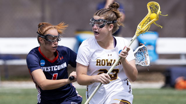 Rowan's Elaina Corson drives with the ball against Western Connecticut State