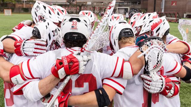 Boston U men's lacrosse huddle