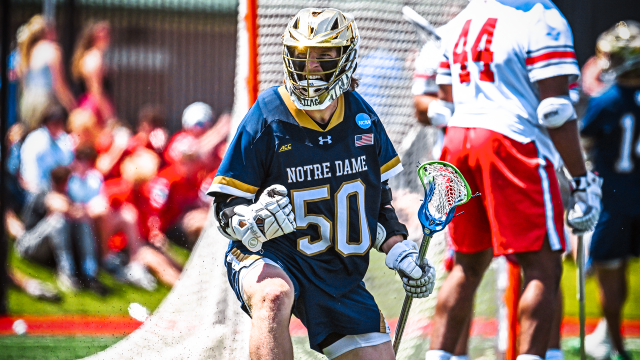 Notre Dame lacrosse player Chris Kavanagh celebrates after scoring a goal in an NCAA tournament game at Ohio State.