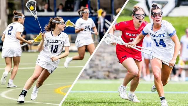 Split image featuring action photos of Middlebury's Kelcey Dion and Colby's Ainsley Dion