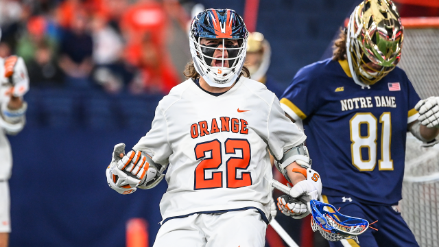 Syracuse's Joey Spallina celebrates after scoring against Notre Dame in a game at the JMA Wireless Dome