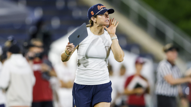Kayla Treanor coaching Syracuse in the ACC women's lacrosse semifinals in Charlotte, N.C.