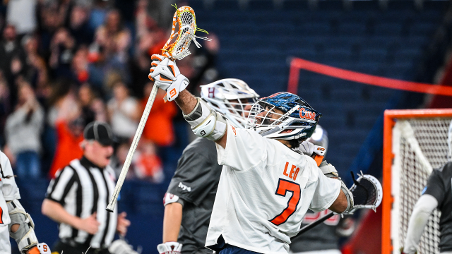 Syracuse midfielder Michael Leo with the bow-and-arrow celebration after scoring against Harvard